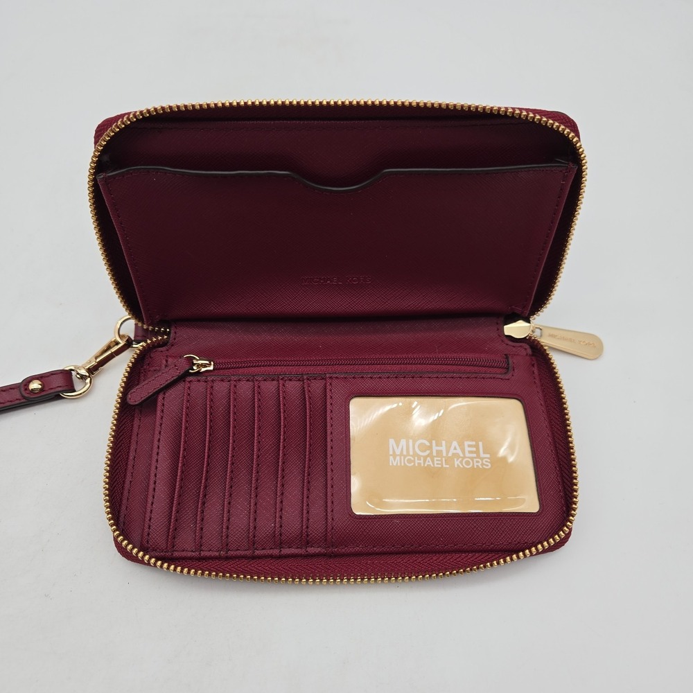 Michael Kors Wallet Card Holder Red Leather Embossed Flower Gold Hardware - Picture 10 of 12